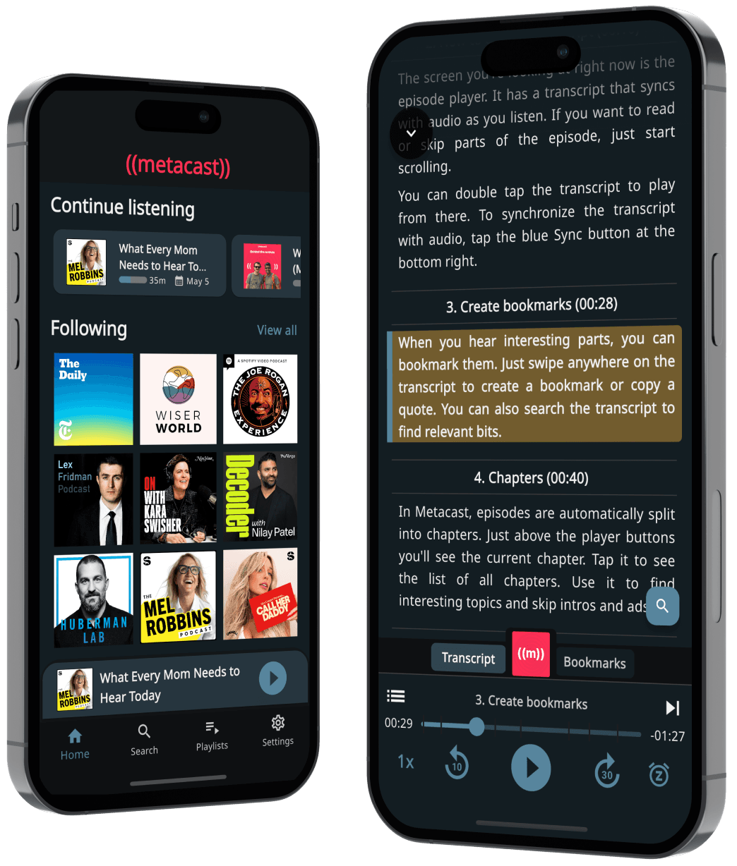 Metacast app home and transcript screens